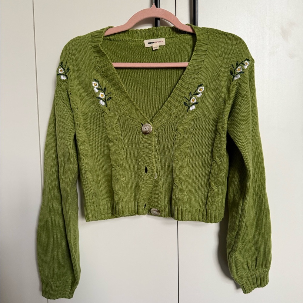 Fashion Nova Olive Green Embroidered Cardigan